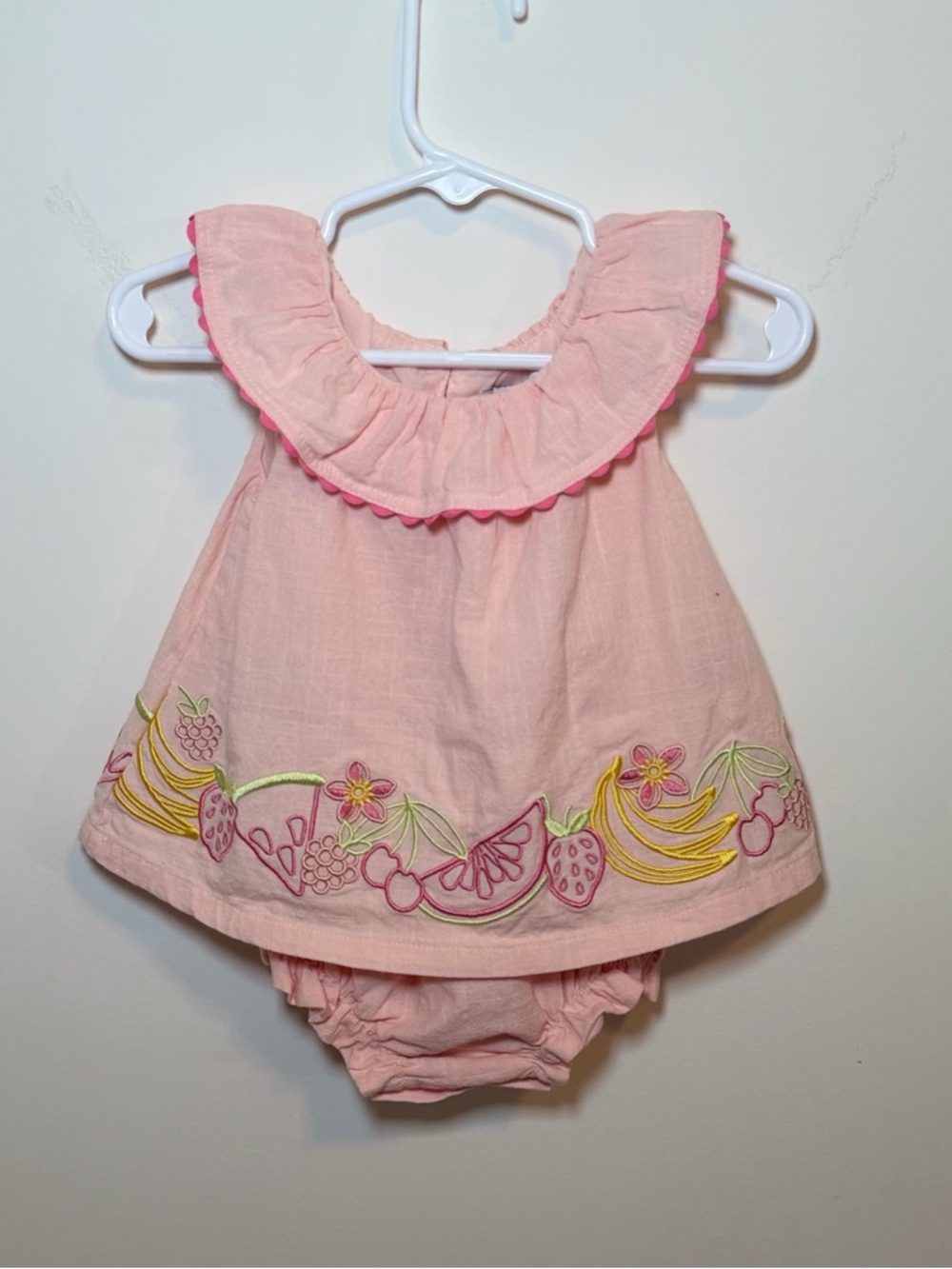 Flapdoodles Baby Girls Fruit-embroidered Cotton Dress & Bloomer set, Size: 3-6M